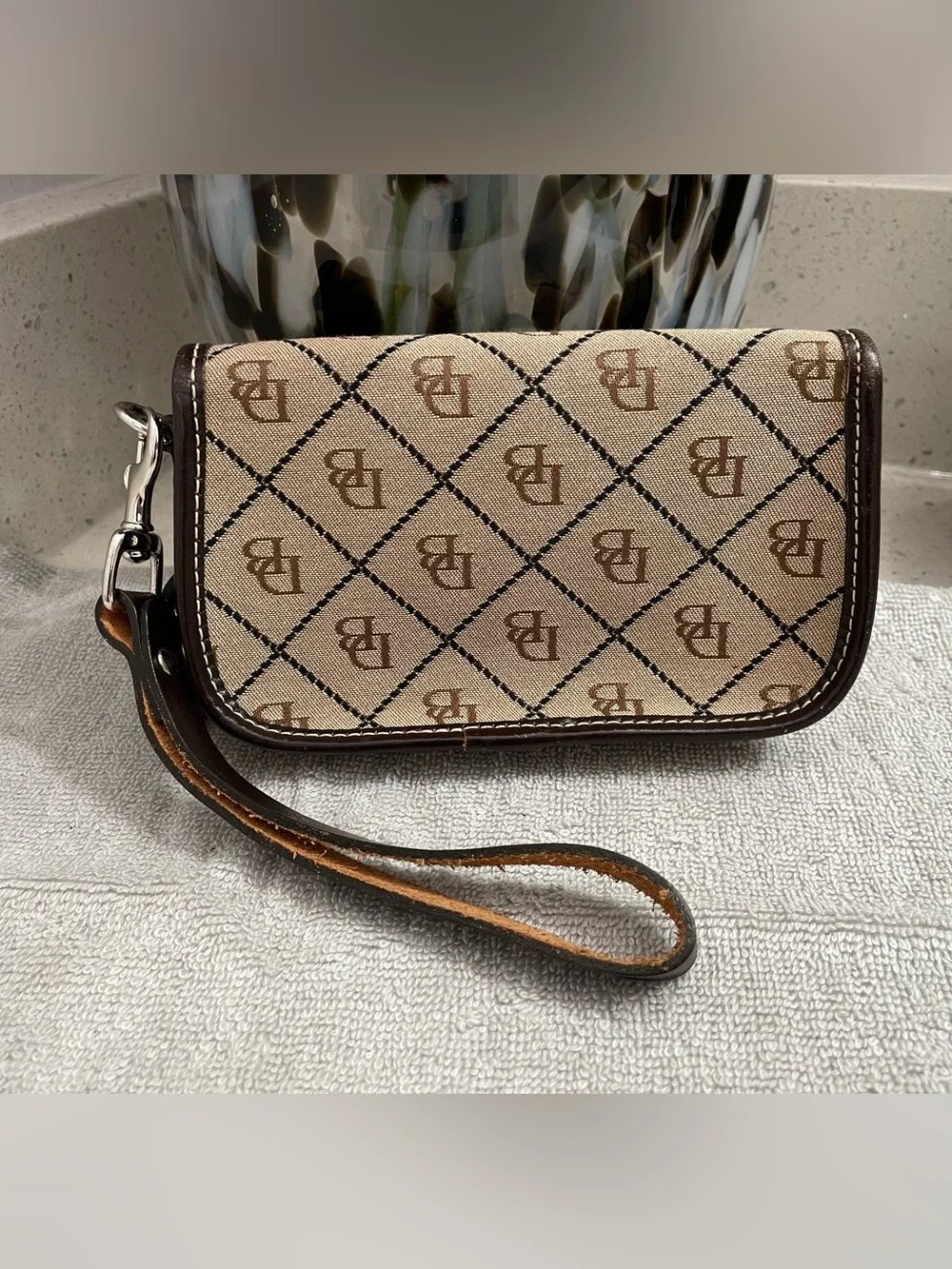 Vintage Dooney & Bourke Beige Canvas Wristlet with Dark Brown Trim